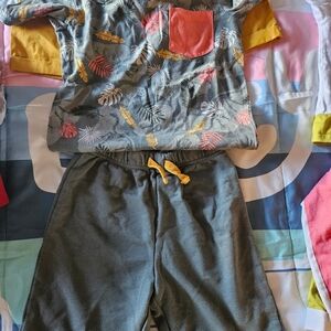 Two-Piece Grey Tropical Print Lounge Set with Yellow Accents